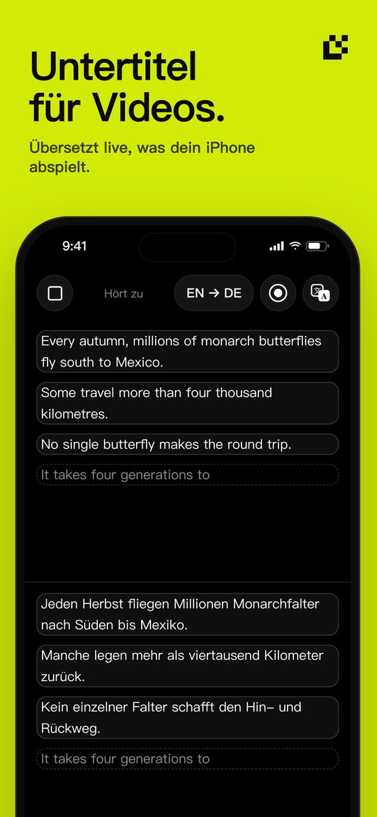 Untertitel für Videos. — Übersetzt live, was dein iPhone abspielt.