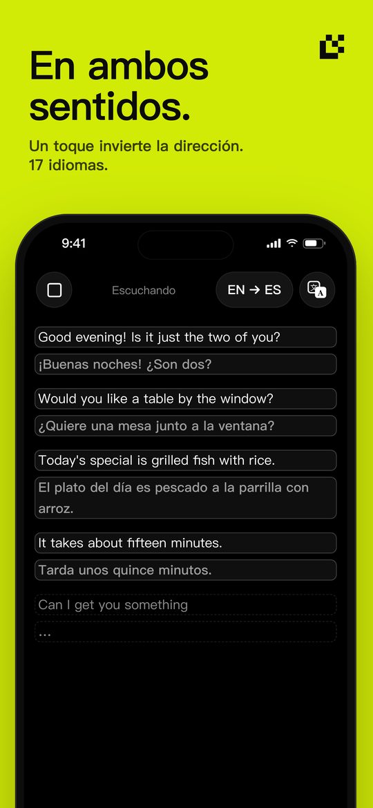 En ambos sentidos. — Un toque invierte la dirección. 17 idiomas.