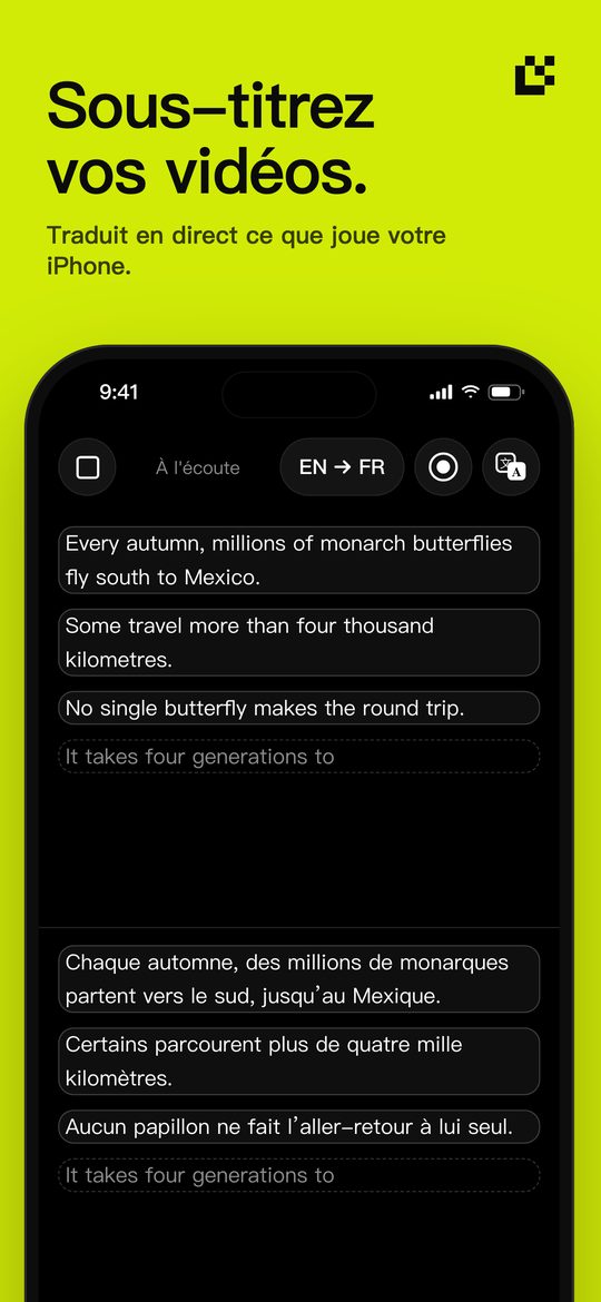 Sous-titrez vos vidéos. — Traduit en direct ce que joue votre iPhone.