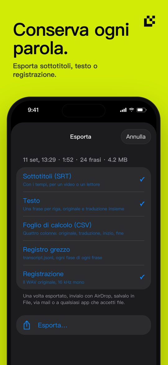 Conserva ogni parola. — Esporta sottotitoli, testo o registrazione.